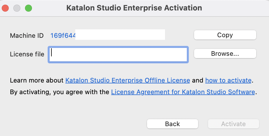 The Katalon Studio Enterprise activation dialog.