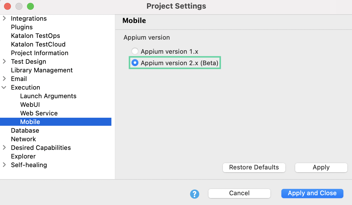 Appium 2.0 option in Project Settings