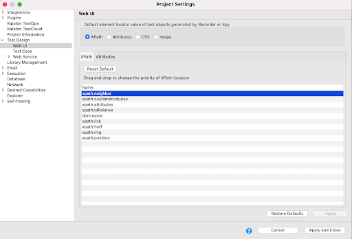 change Xpath Locators priority in Katalon Studio project settings