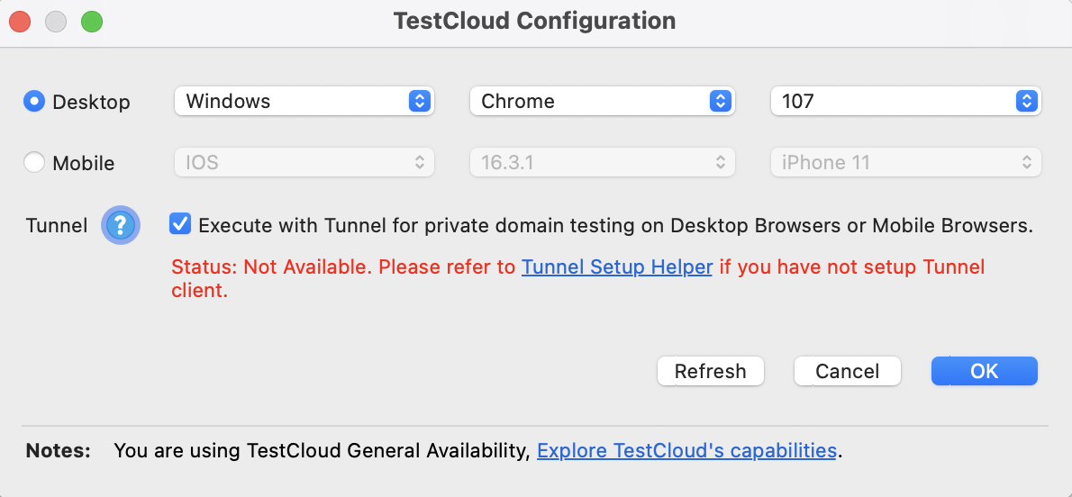 Katalon Studio - TestCloud Configuration dialog, TestCloud Tunnel not available status