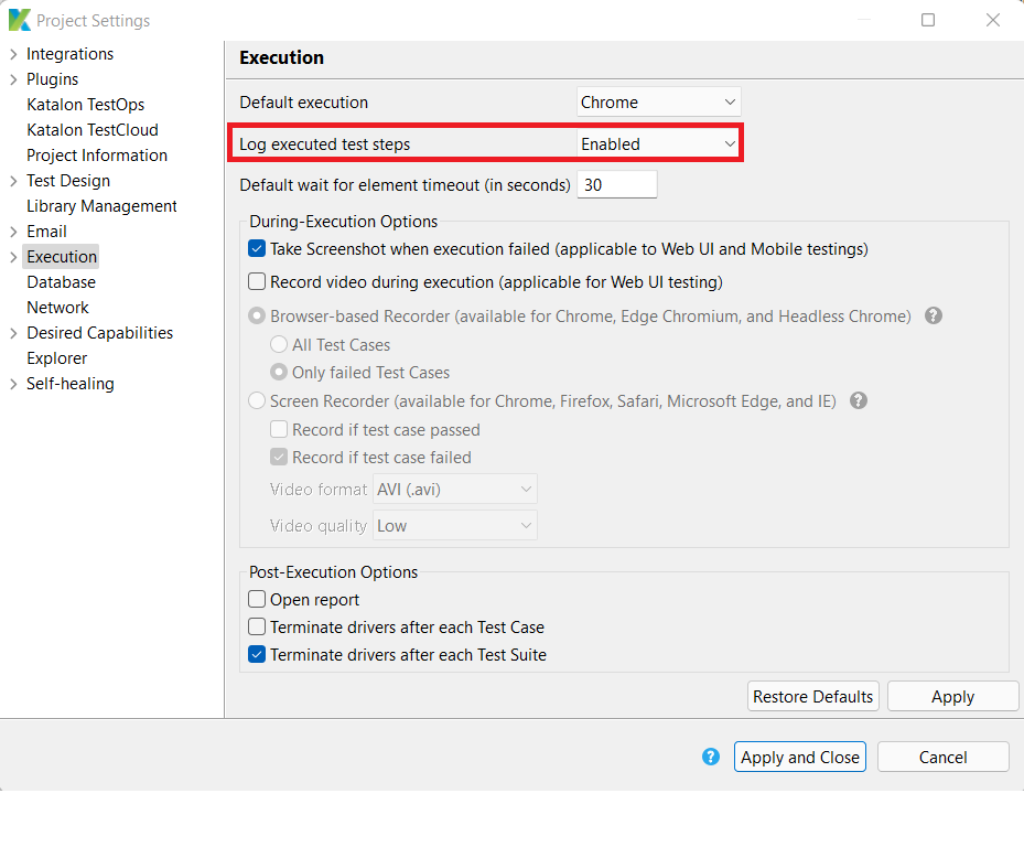 Katalon Studio log executed test steps