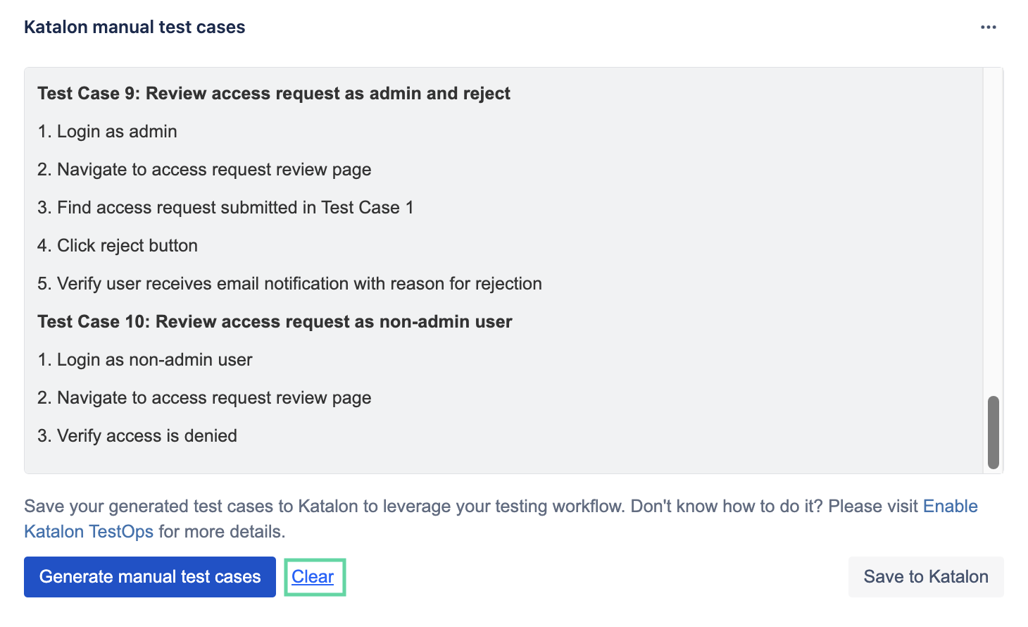 The clear button for regenerating manual test cases.