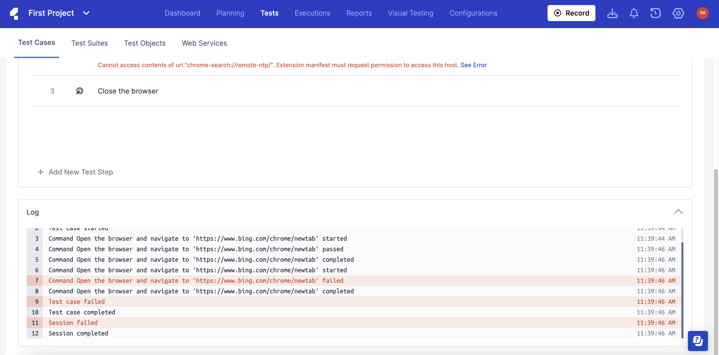 View execution log of a test case.