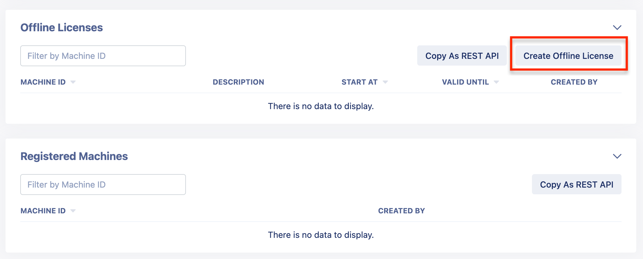 Offline License section in the License Management page.