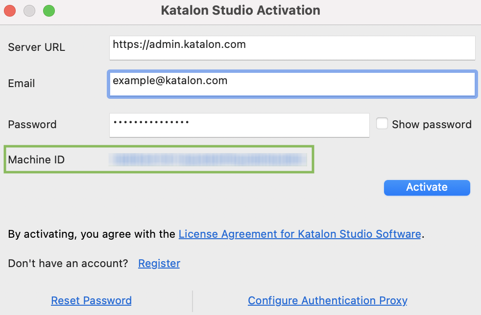 View your machine ID in the Katalon Studio activation dialog.