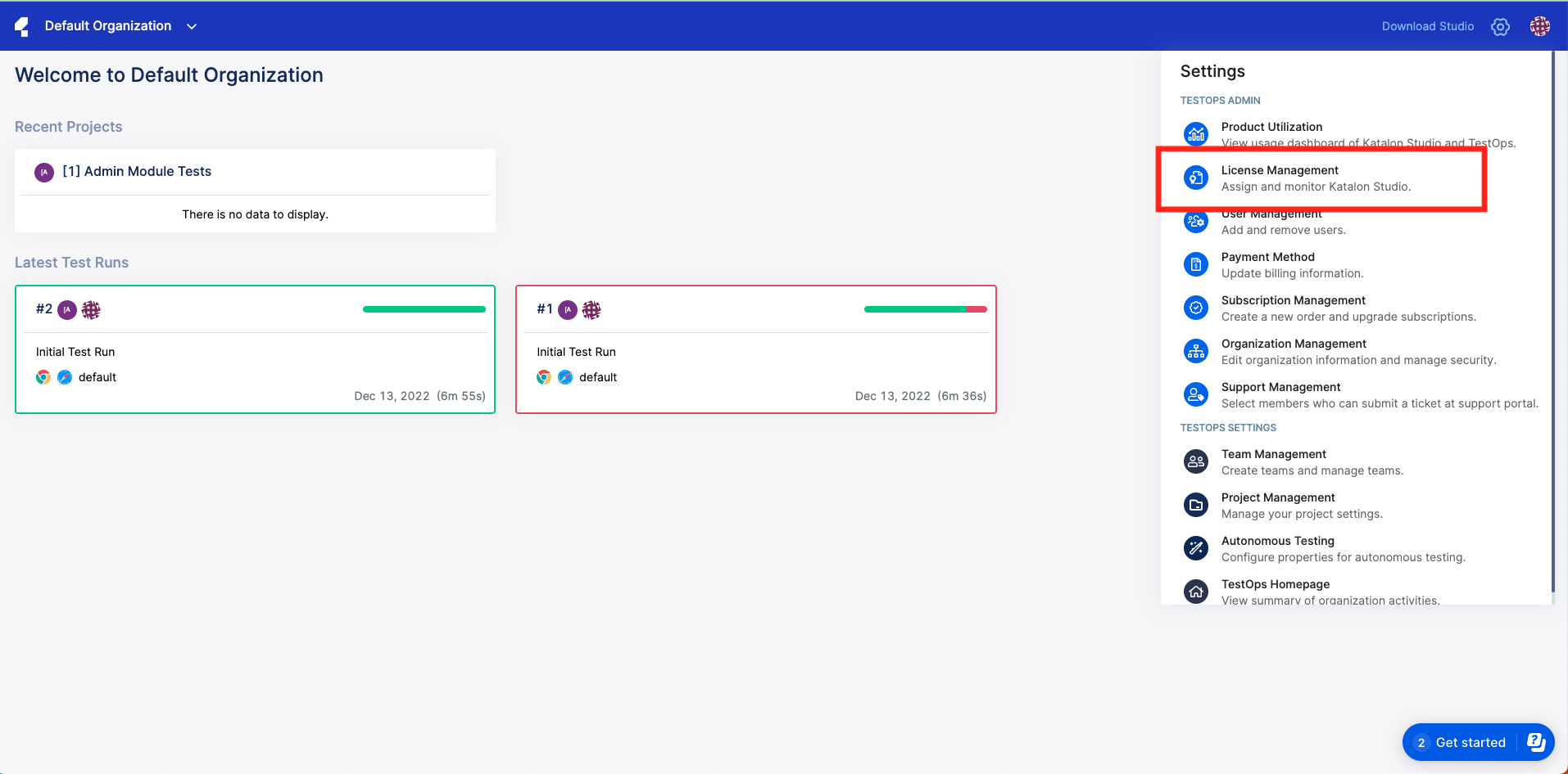 Click on Settings in the Katalon TestOps homepage to access the License Management menu.