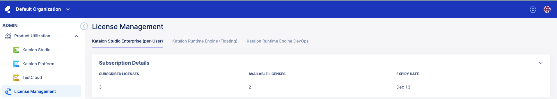 The License Management page shows all subscriptions in that organization.