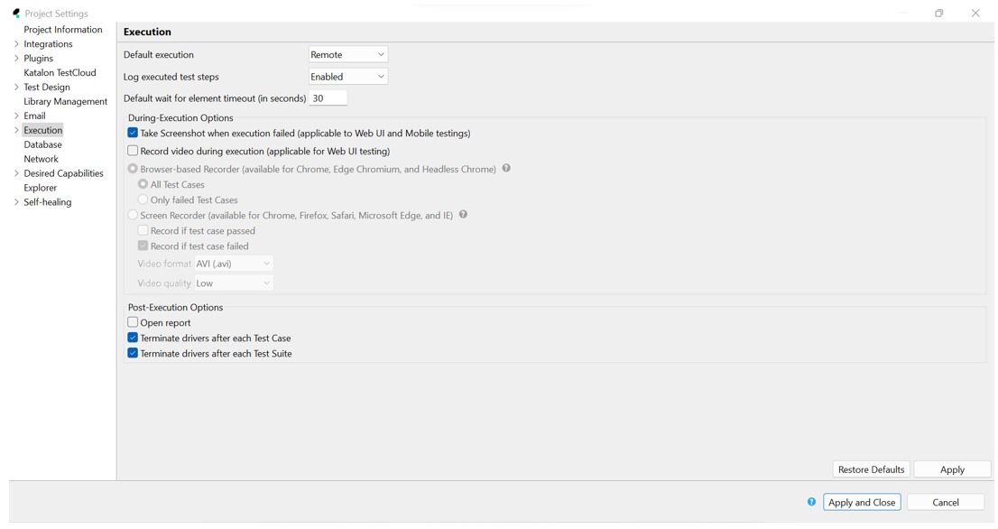 Katalon Studio - project settings - execution
