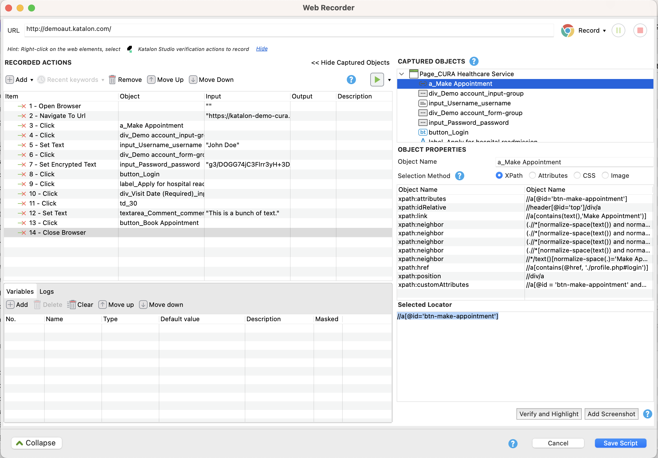 The full Web Recorder window in Katalon Studio.