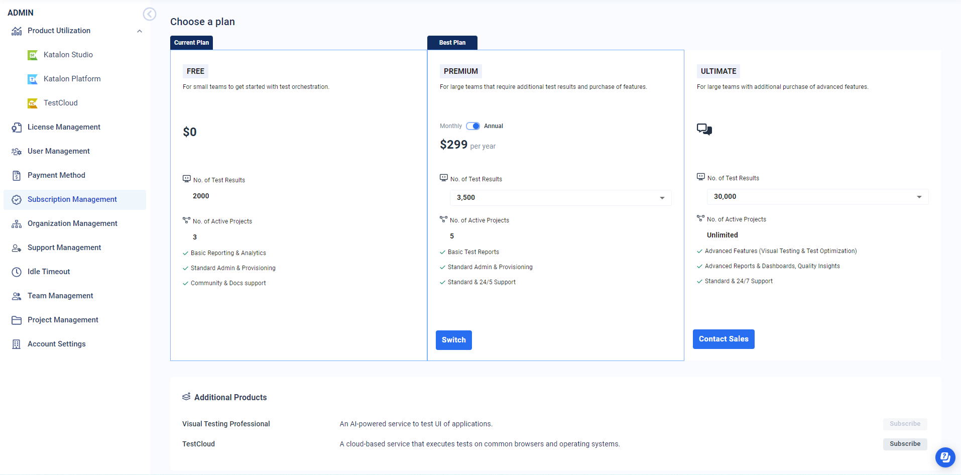 Subscription management - choose a plan section