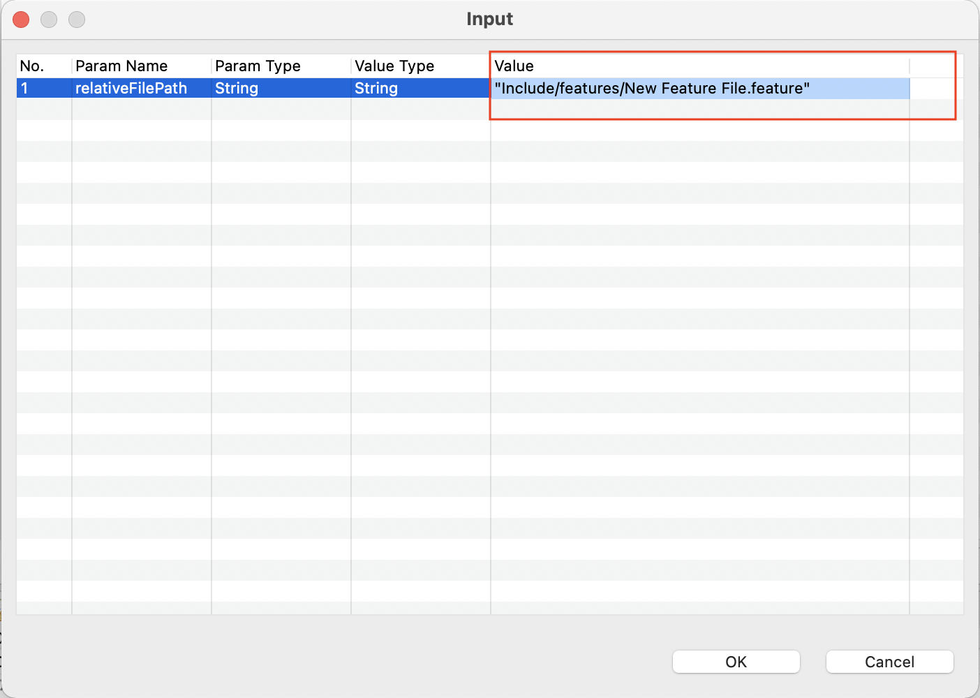 Input feature file value