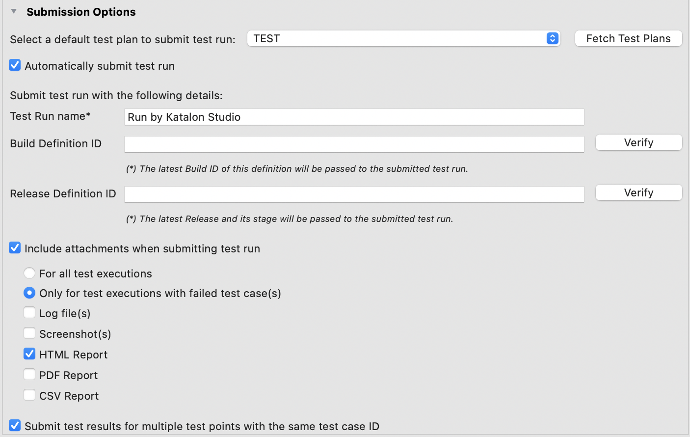 Select submission options