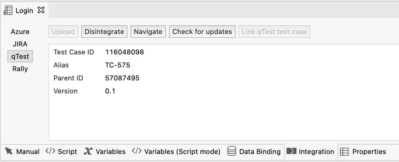 Integration information in uploaded test case