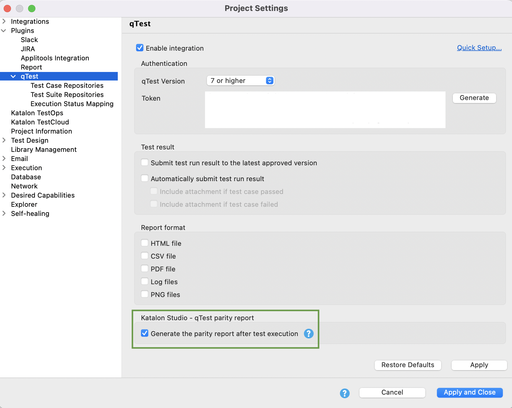 Project Settings qTest