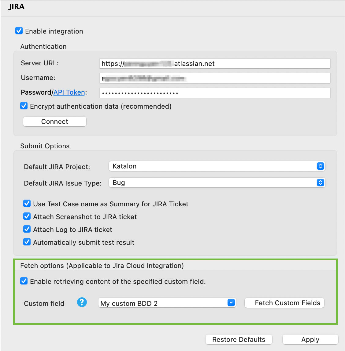 Fetch BDD custom fields to Katalon Studio