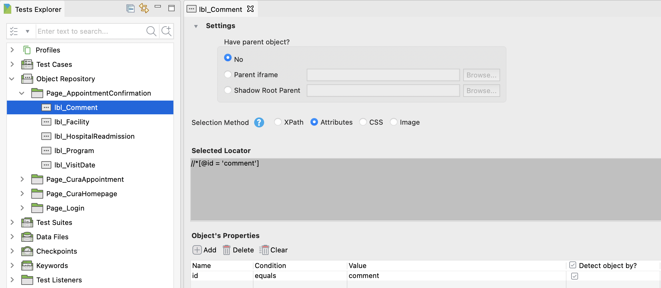 The test object editor