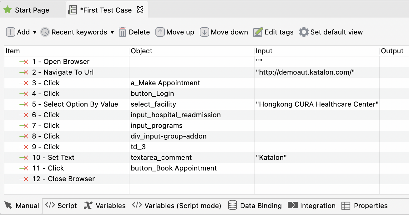 Recorded objects and actions are saved in the test case.