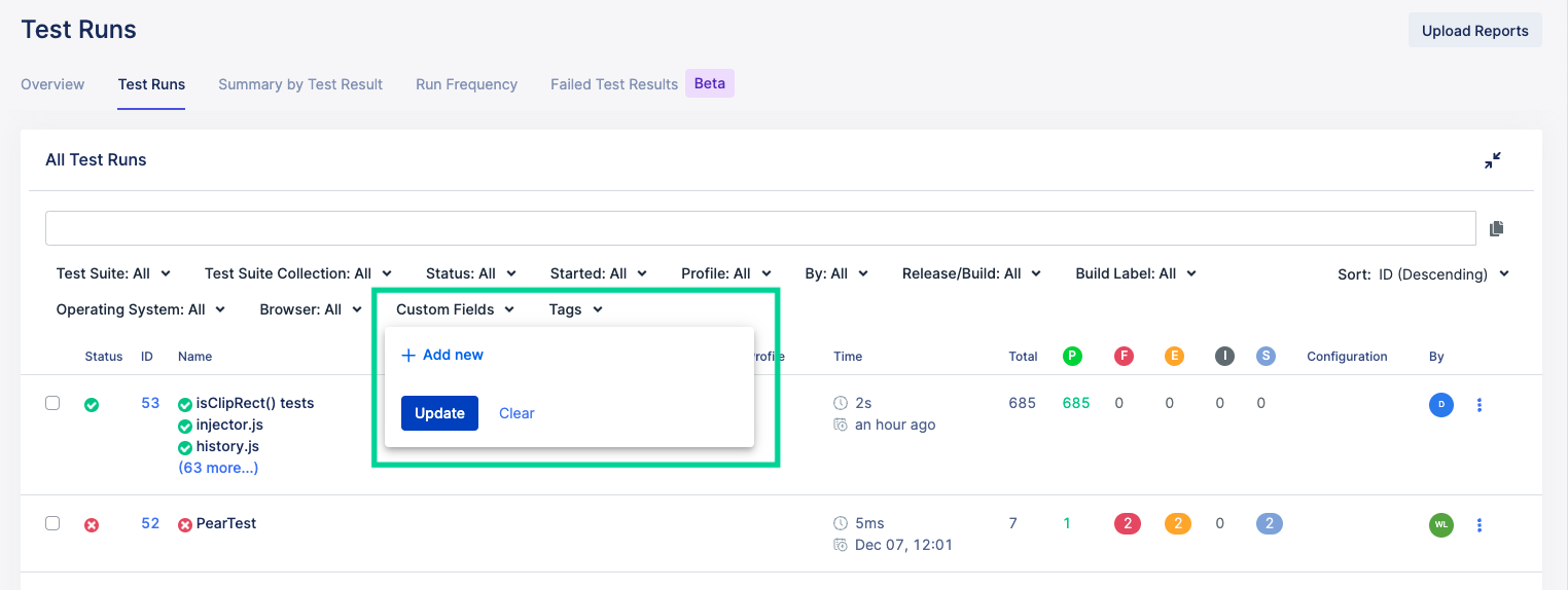 Test runs query filters