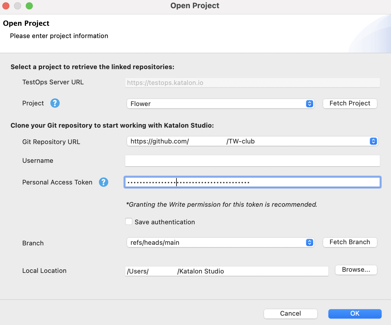 open project dialog