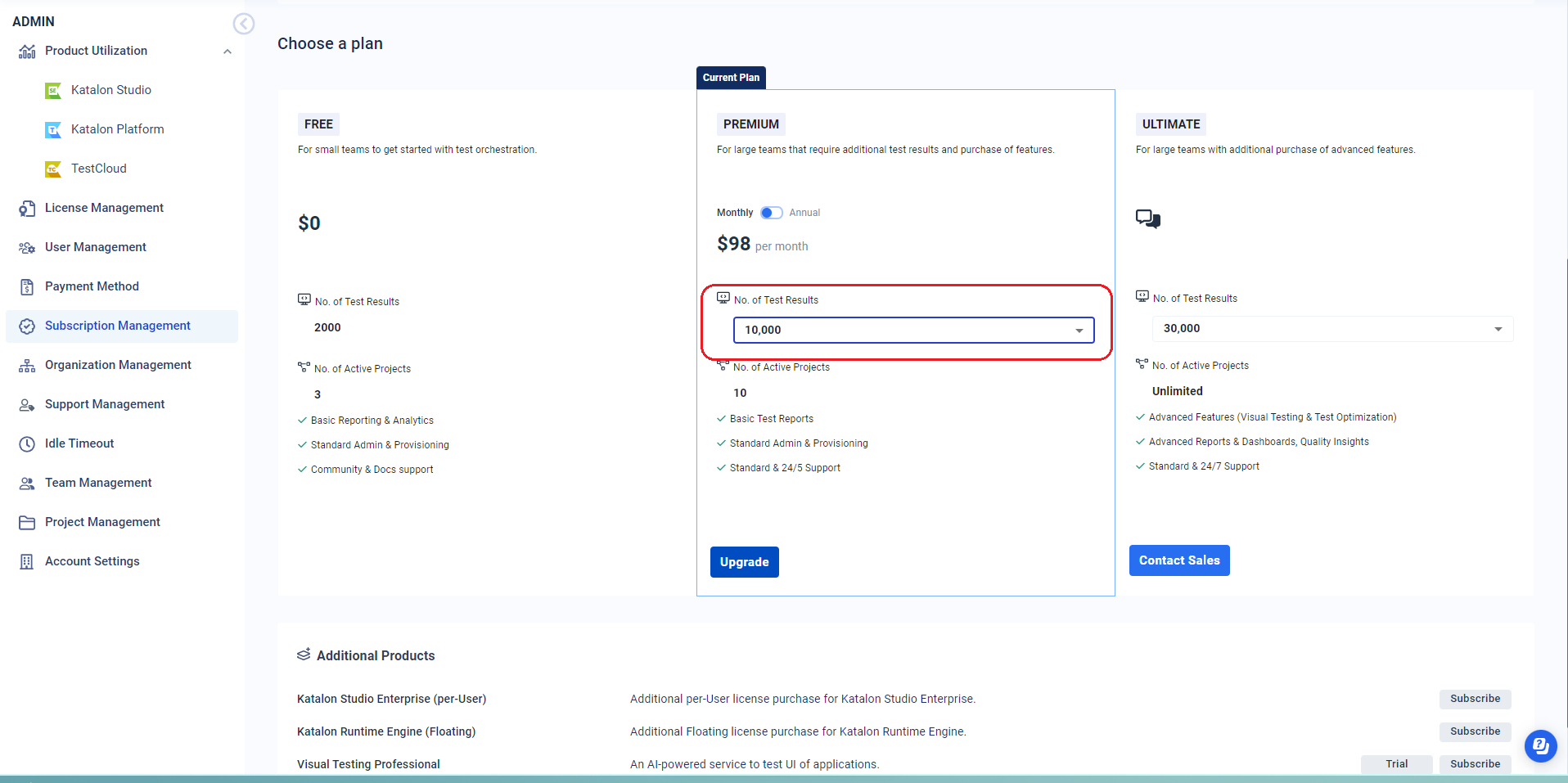 Upgrade test result quota