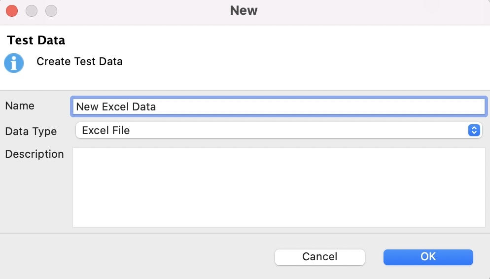 The new test data dialog appears in Katalon Studio