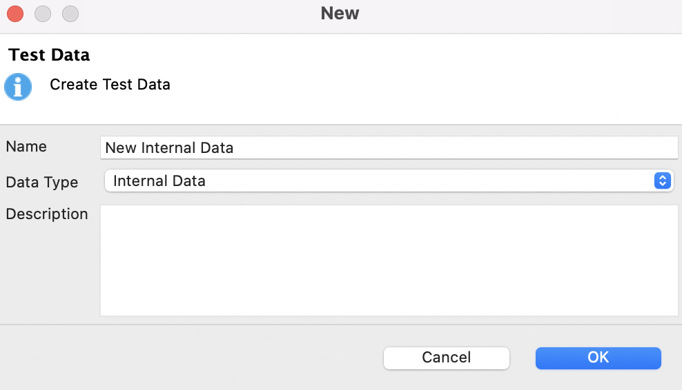 The new test data dialog appears in Katalon Studio