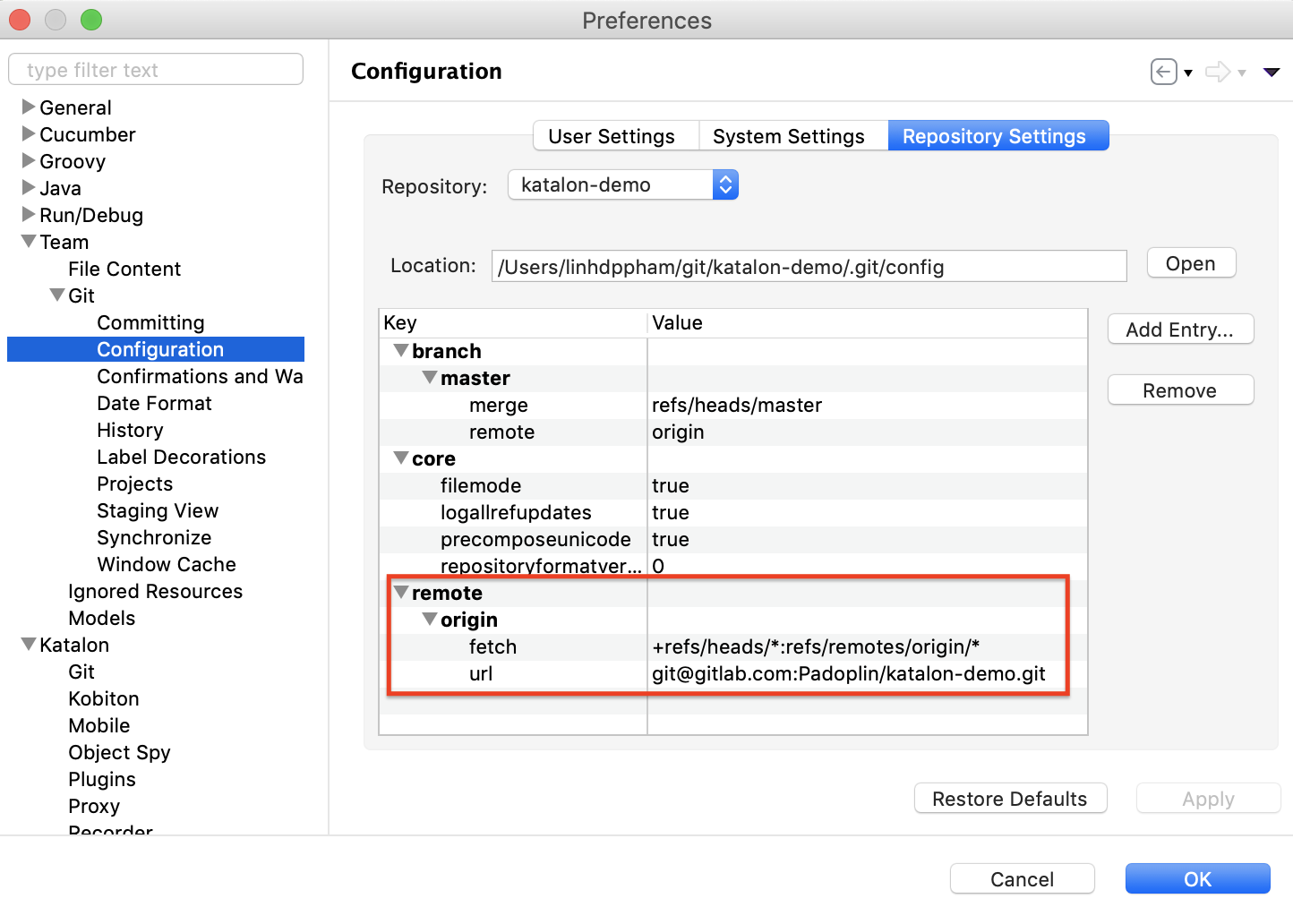 Git setting dialog