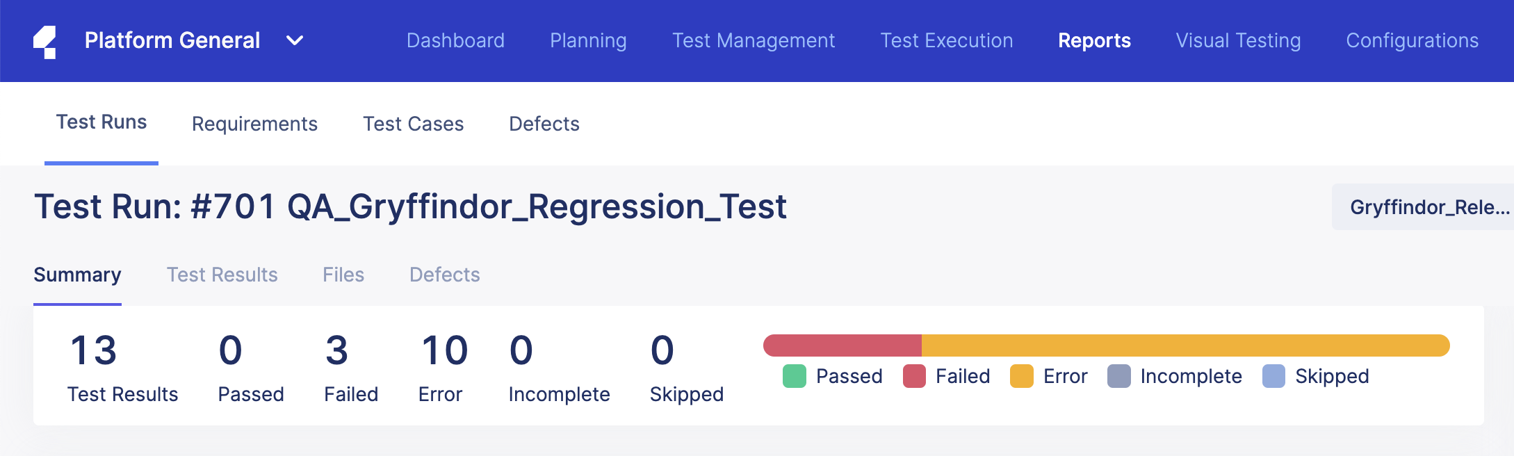 Test run results summary bar