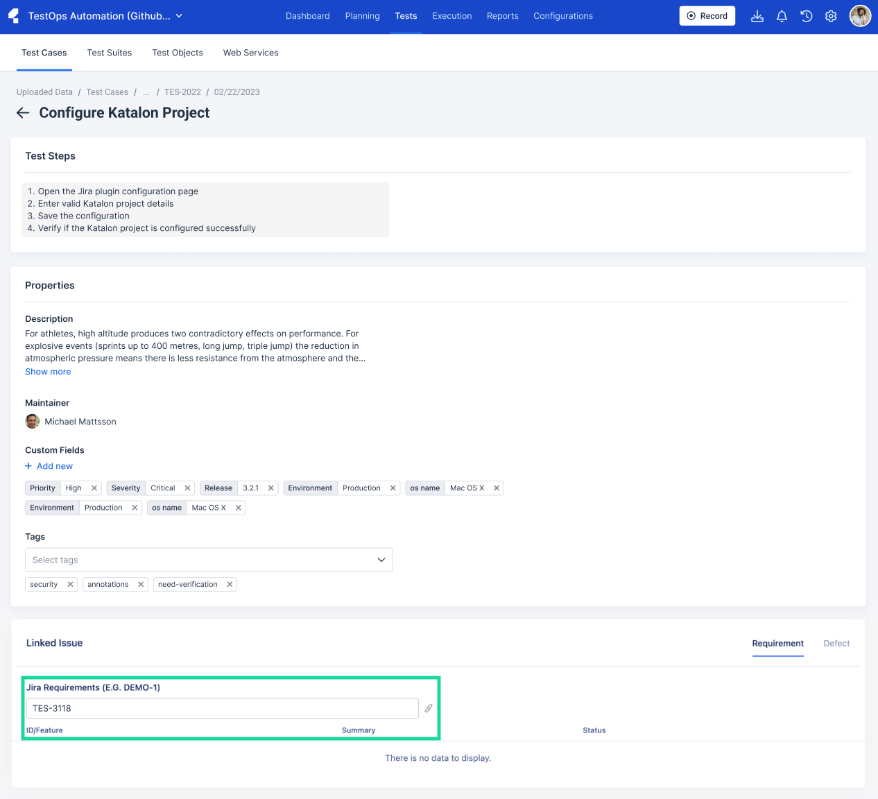 Sample of a manual test case generated from the Katalon Manual Test Cases Generator.