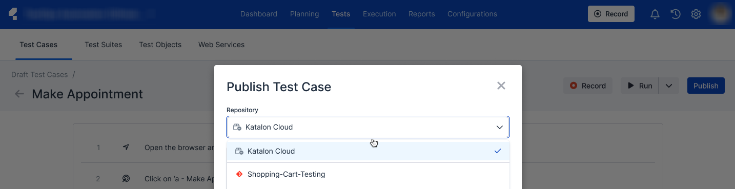 The publish test case window in Katalon Cloud Studio.