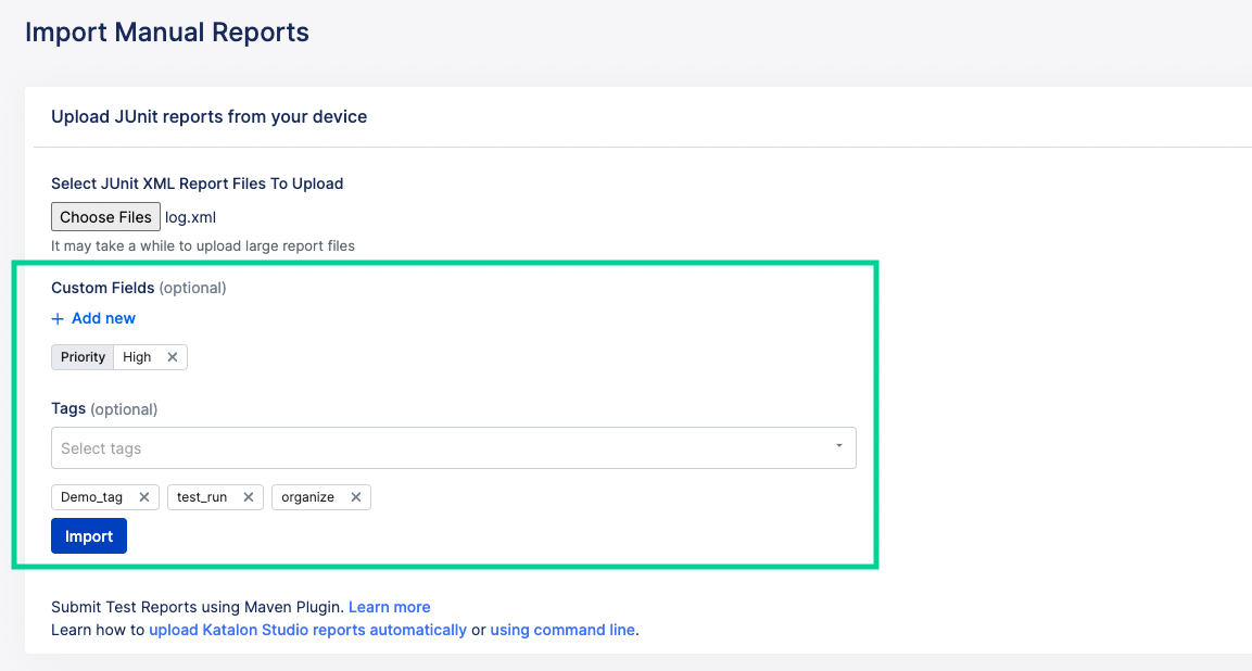 TestOps upload menu with Custom fields and tags