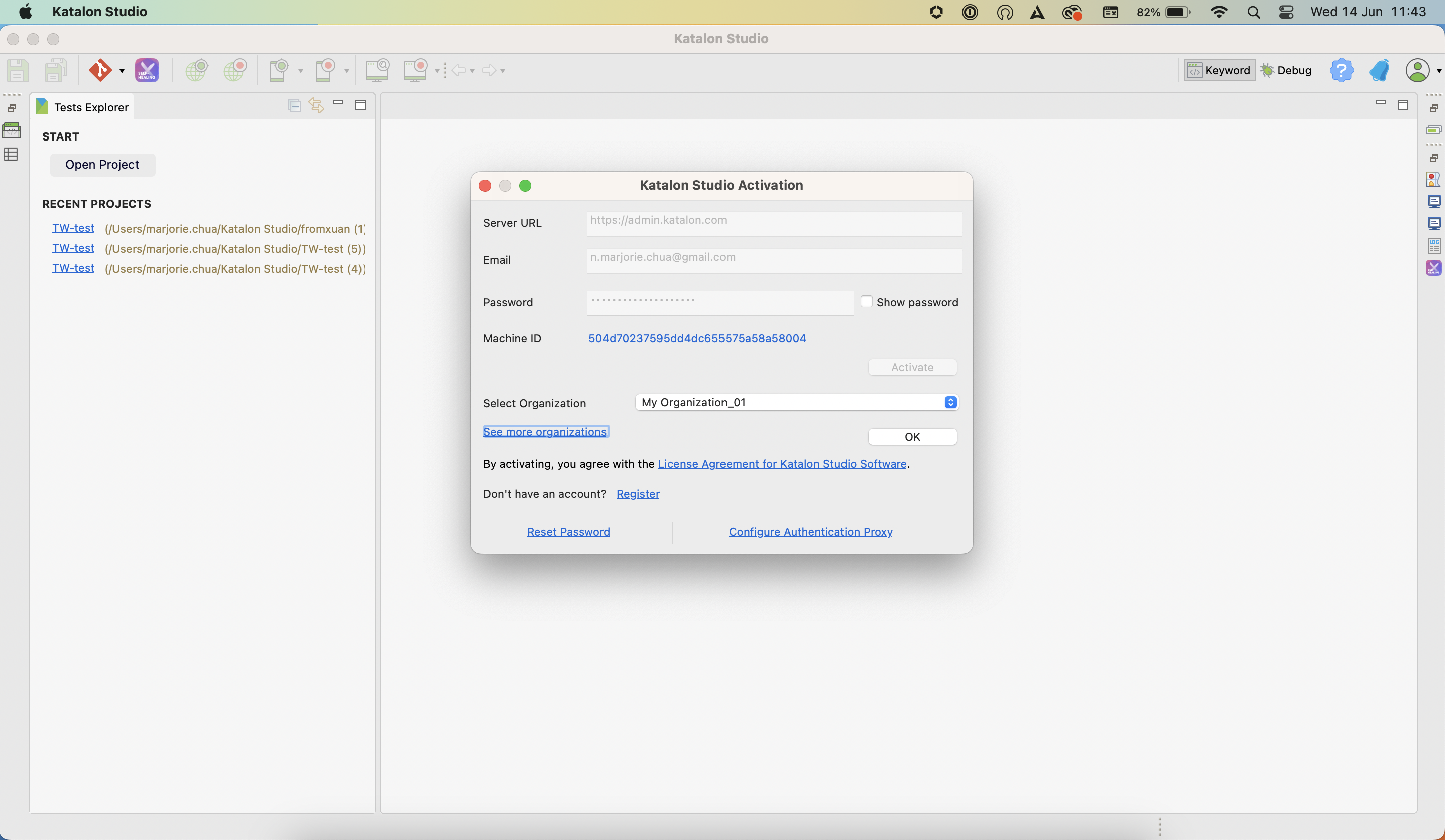 Select your organization in the Katalon Studio Activation dialog box.